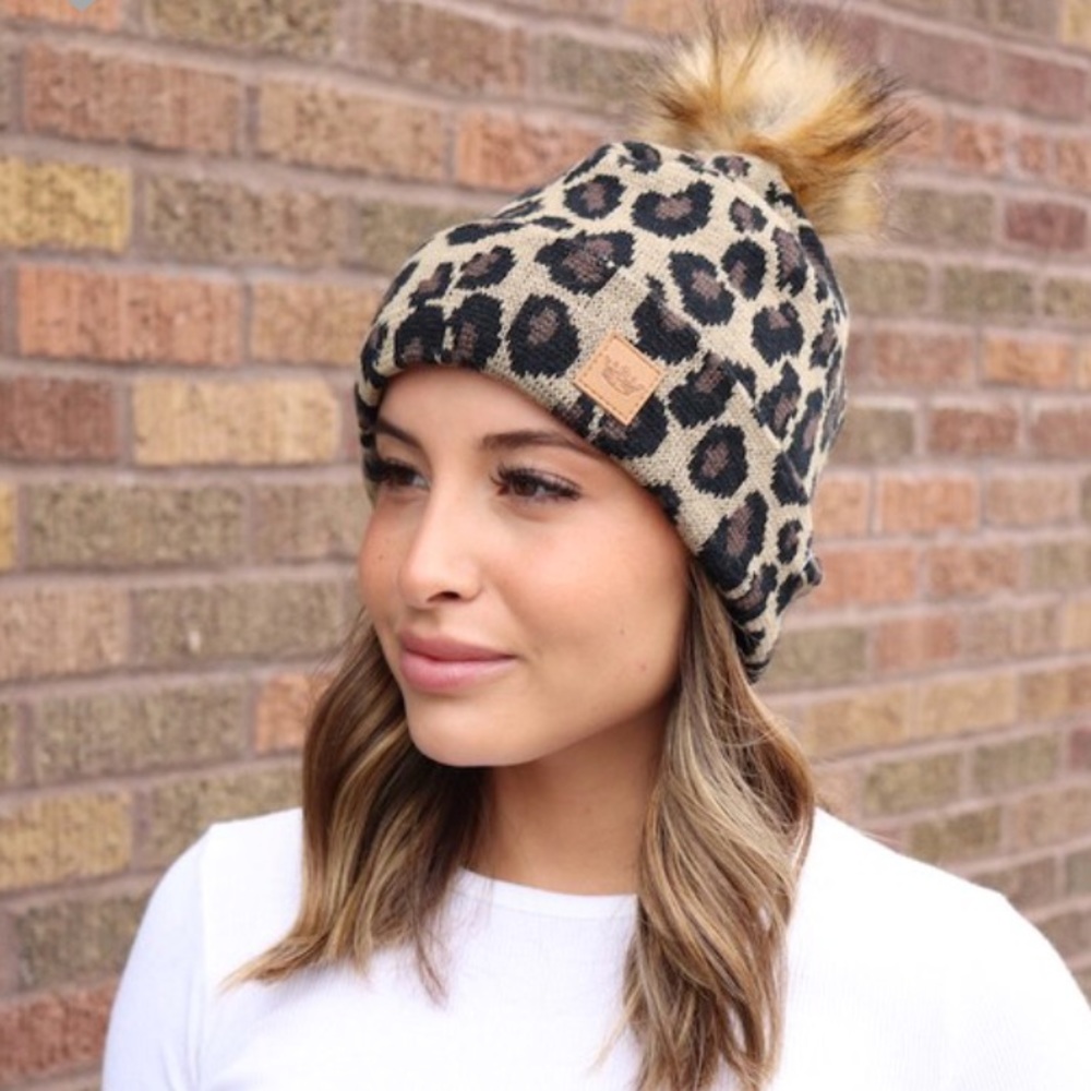 SOLD OUT Leopard Animal Print Knit Faux Fur Pompom Winter Beanie Women's Hat - Picture 1 of 3